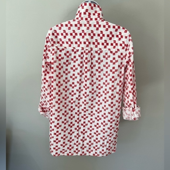 Madewell red and white patterned long sleeve collared pop over top size small - Picture 4 of 8